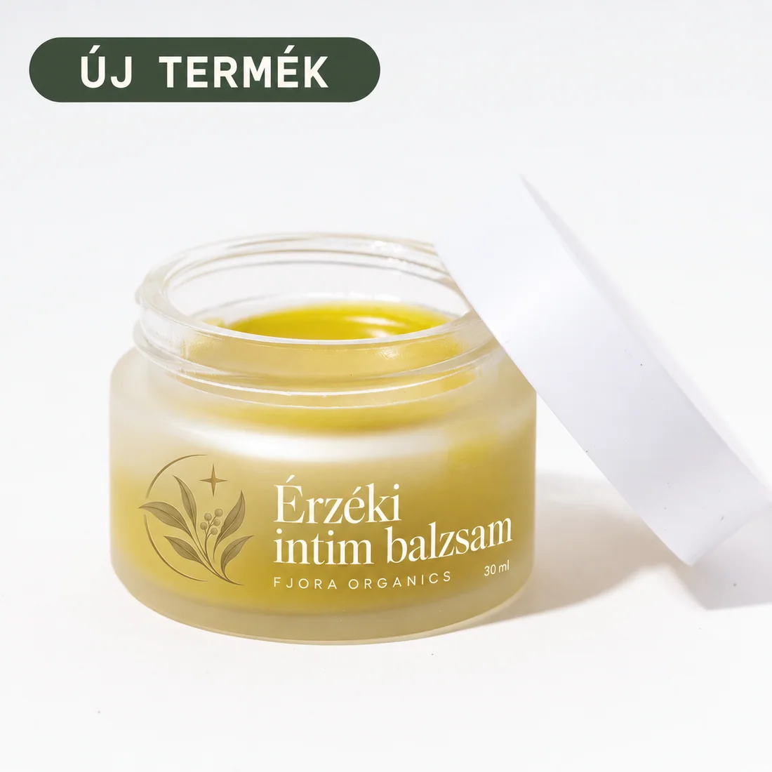 FJORA Organics Érzéki intim balzsam üvegtégelyben, fedéllel – organikus intim balzsam, elölnézet