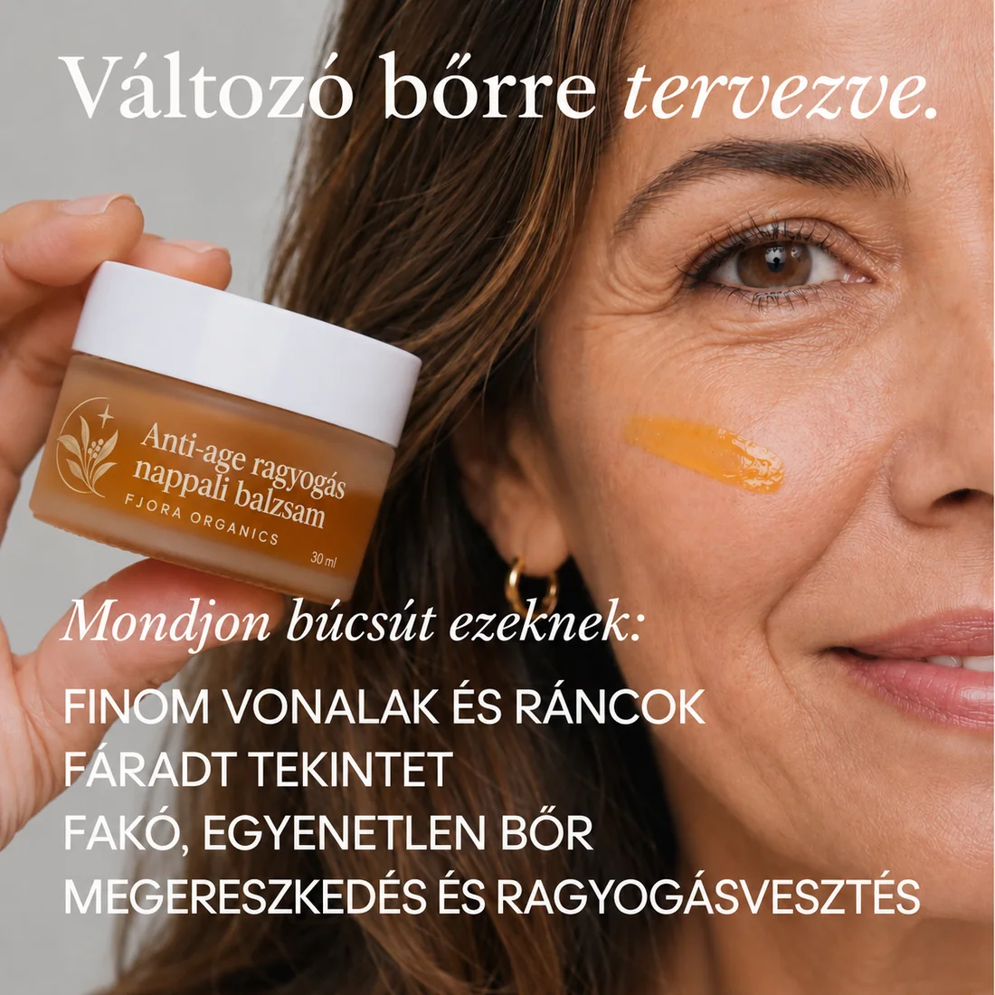 FJORA Organics teljes bőrápoló rendszer érett bőrre – nő a nappali balzsammal és arany színű mintával