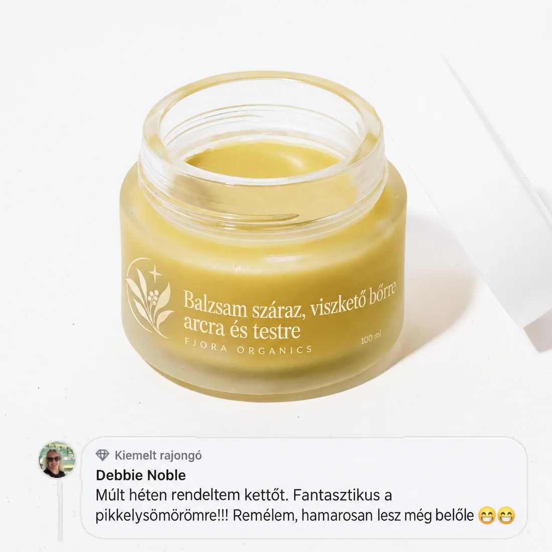 FJORA Organics Balzsam száraz, viszkető bőrre arcra és testre üvegtégelyben, fedéllel – ultragyors enyhülést adó balzsam száraz, viszkető bőrre, elölnézet